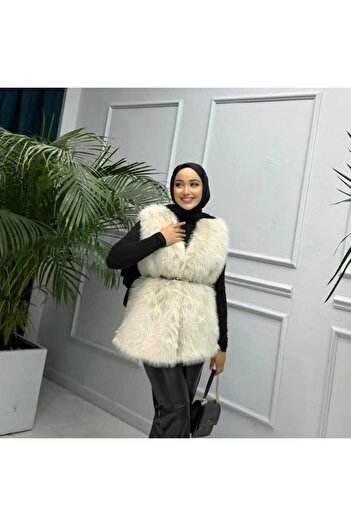 Hb Harma Time Butik Women's Lined Belted Comfortable Fit Fur Cream Vest