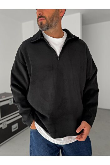BYBASICMAN Siyah Yarım Fermuarlı Likralı Polar Sweatshirt TW-7048