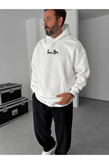 BYBASICMAN Beyaz Cookie Monster Baskılı Kapüşonlu Sweat TW-7063