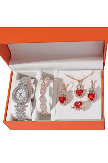 OptimStar Set bijuterii, ceas argintiu, bratara, colier, inel, cercei, accesorii femei, pentru ocazii, busines