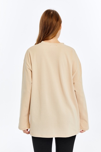 BASICA Clasy Beige Lacost Fabric Long Sleeve Crew Neck Basic Oversize T-Shirt