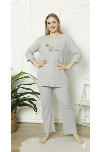 FAMESTEKSTİL Gray Plus Size Women's Pajama Set Aspi̇re