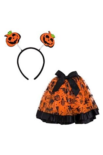 OEM Set Halloween Disguise with Tutu Skirt & Black-Orange Hair Crown with Pumpkins for Kids - 2 pcs