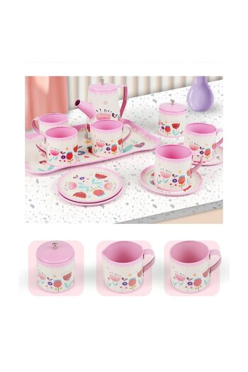 TOYFEST Flower Patterned Metal Tea Set 12 Pieces – Colorful Play Tea Serving Set for Kids - Pink