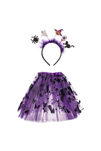 OEM Halloween Costume Set - Purple Tutu Skirt with Bats & Black Crown with Purple Feathers, Figurines -