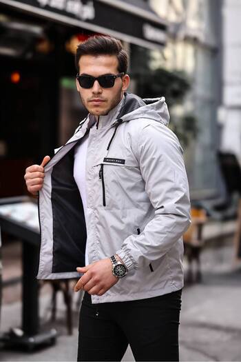 comstar Men's Printed Hooded Gray Windbreaker & Raincoat