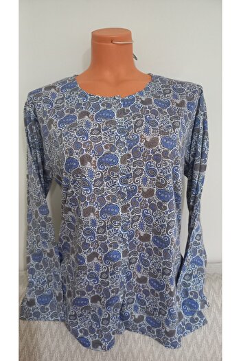Anne Er Clothing Paper Print Combed Cotton Blouse Long Sleeve Front Buttoned Crew Neck Patterned