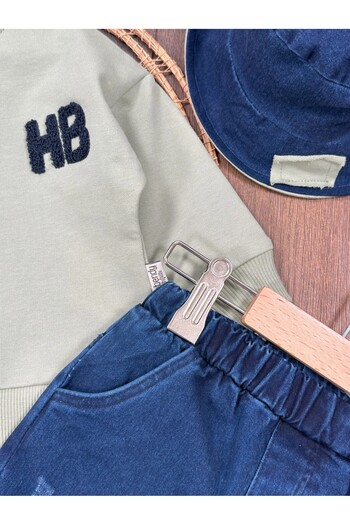 Childona Baby Kids Hb Embroidery Detailed Sweatshirt Lycra Jeans Hat 3-Piece Baby Boy and Child Set