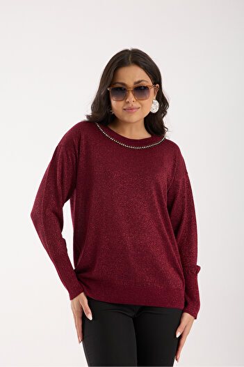 Moda Days Women's Burgundy Viscose Vortex Yarn Stone Detailed Crew Neck Silvery Knitwear Blouse