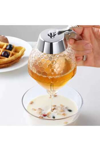 Alma Honey and Syrup Dispenser - Honeycomb Jar, 15×8 cm, Transparent, Drip-Free System