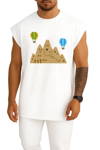 Bahriyeli Collection Oversize Cappadocia Fairy Chimneys and Balloons Chest Design Tank Top