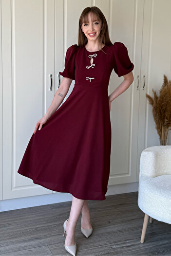 Dilay Gökoğlu Butik Balloon Sleeve Ribbon Accessory Detachable Midi Burgundy Dress