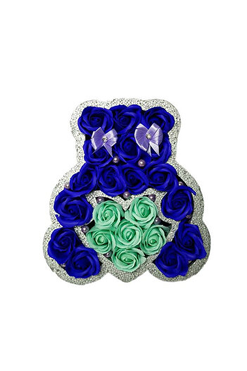 velve Aranjament floral Infinite Love cu trandafiri de sapun, in forma de ursulet, Albastru