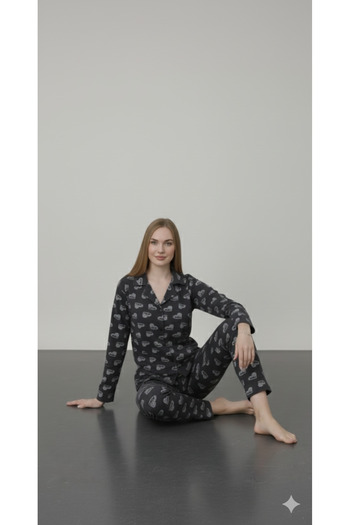 FAMESTEKSTİL Long Sleeve Buttoned Combed Cotton Pajama Set
