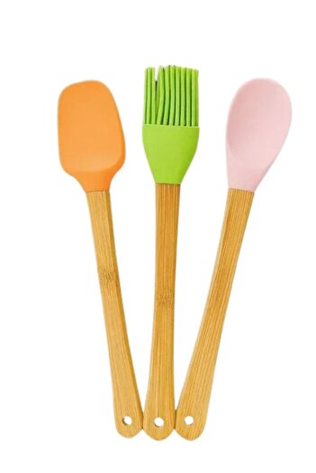 mucit home 3-Piece Bamboo Handle Silicone Spatula Set Egg Brush