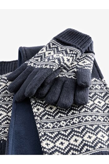 Next Baby Navy Blue Fairisle Patterned Hat, Scarf and Gloves Set