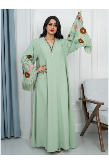 Nice Model Mint Green Embroidered Tassel Sleeve Kaftan Maxi Dress Stone Beaded V-Neck Evening Jalabiya