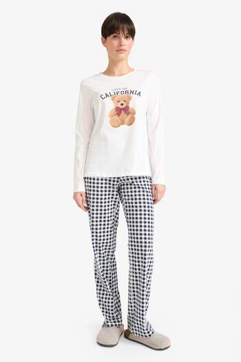 DeFacto Pajama Set Regular Fit Teddy Bear Printed Long Sleeve Top Checked Long Bottom-Fall in Love G2169Ax25Au