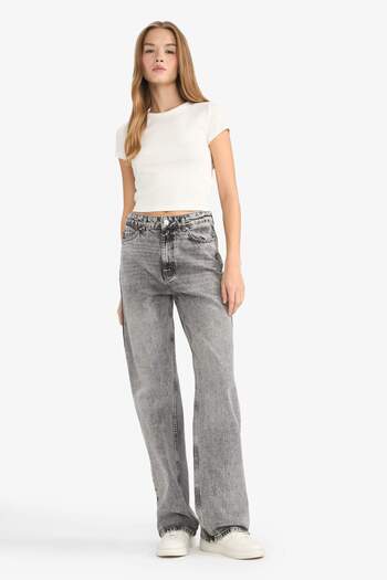 DeFacto Straight Fit High Waist Long Jean Washed Pants G3543Ax25Cw