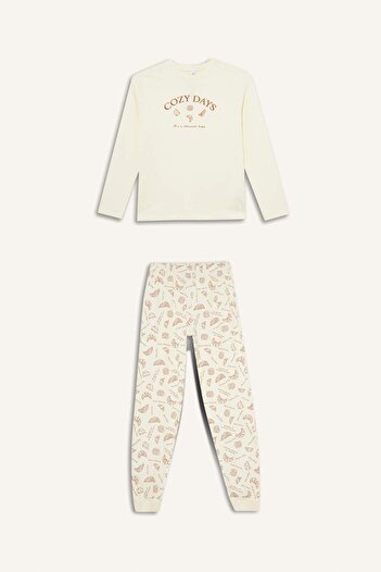 DeFacto Girls' Pajama Set Printed Long Sleeve Top Patterned Long Bottom F6231A825Wn