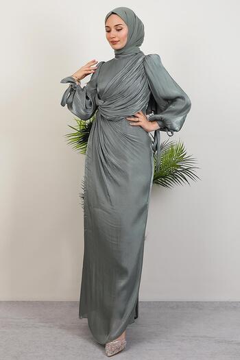 GİYZAMİLA Umay Tesettür Evening Dress Soft Green