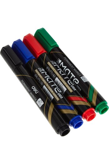 Deli EU10303 Permanent Marker Set, 4pcs, Assorted Colors, Chisel Tip