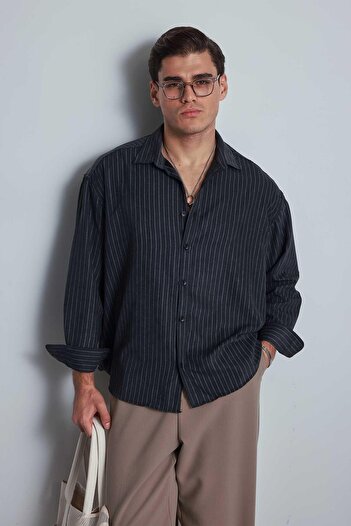 ablukaonline Men's Oversize Striped Long Sleeve Shirt Black