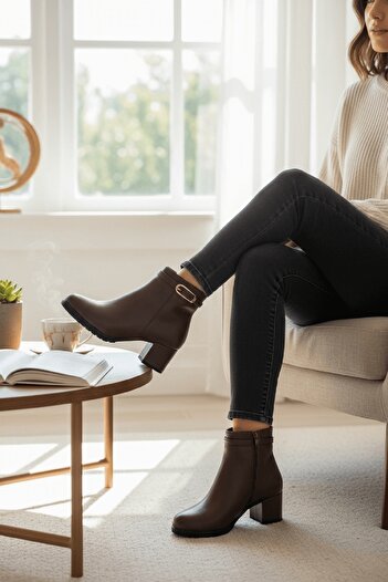DİVOLYA Rober Brown Buckle Leather (5 cm Heeled) Daily Use Women's Boots