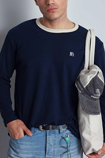 ablukaonline Men's Contrast Detailed Oversize Basic Sweatshirt Navy Blue