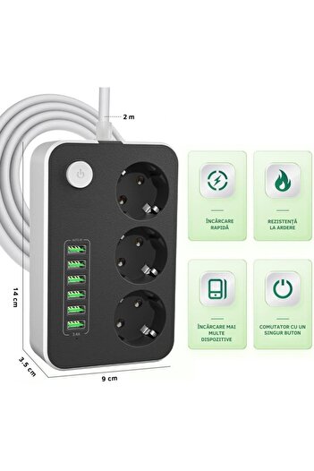 varioshop Prelungitor VarioShop, 3 prize, 6 porturi USB, protectie la supratensiune, 2m, Alb/Negru