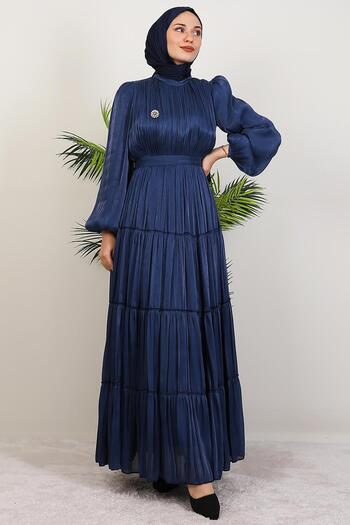 GİYZAMİLA Aydeniz Brooch Evening Dress Navy Blue