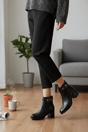 DİVOLYA Rober Black Buckle Leather (5 cm Heeled) Daily Use Women's Boots