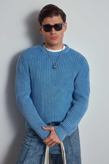 ablukaonline Men's Oversize Washed Effect Basic Sweater Blue