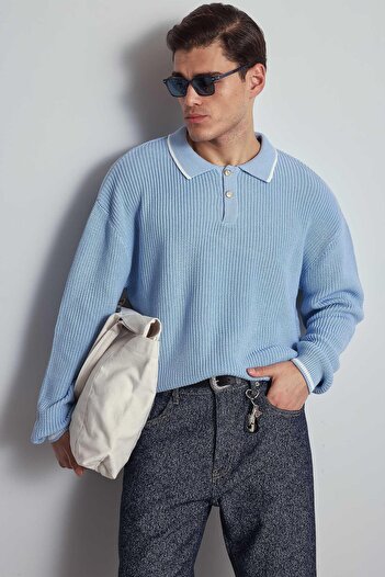 ablukaonline Erkek Oversize Polo Yaka Kontrast Detaylı Triko Kazak Açık Mavi