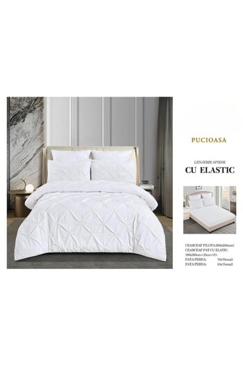 OEM Double Bed Sheet Set with Elastic, Pleats, Solid, Pucioasa, 6 Pieces, White