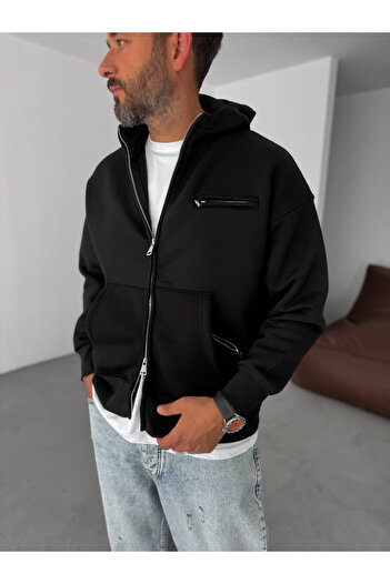 BYBASICMAN Black Zipper Pocket Hooded Sweatshirt Yp-5015