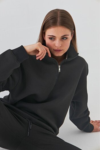 The Champ Clothing Unisex Oversize Sweatshirt Basic Smoked – Half Zipper Stand Collar, 3 Thread Fleece