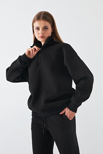 The Champ Clothing Unisex Oversize Sweatshirt Basic Black – Half Zipper Stand Collar, 3 Thread Fleece