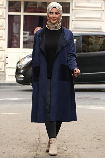 Tuğralı Tesettür Women's Long Navy Blue Hijab-Friendly Suede Jacket – Loose and Simple Seasonal Outerwear