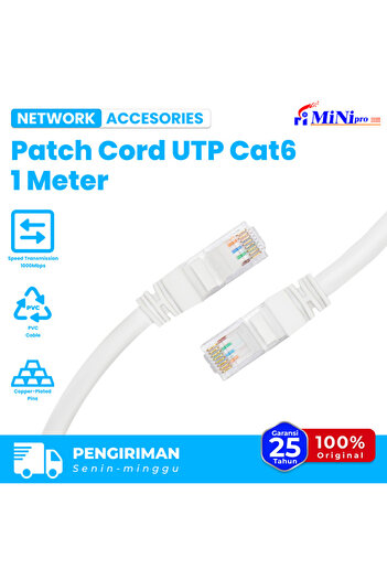 Mini pro Cat6 UTP Patch Cord 1m | 1000Mbps Ethernet LAN Cable Gold-Plated RJ45 Network PVC Cable | White