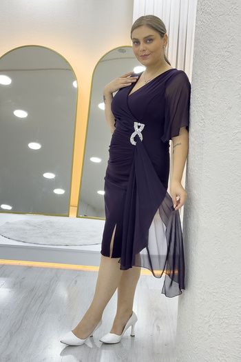 the ZKS Women's Half Sleeve Stone Detailed Midi Length Plus Size Evening Dress Black, Plum, Purple, Navy Blue