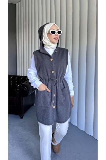 PİNK FLY Angora Hooded Women's Vest with Pockets
