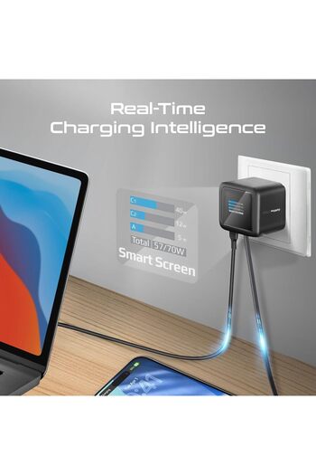 Promate GaNFast Wall Charger 70W with Retractable USB-C Cable and TFT Display