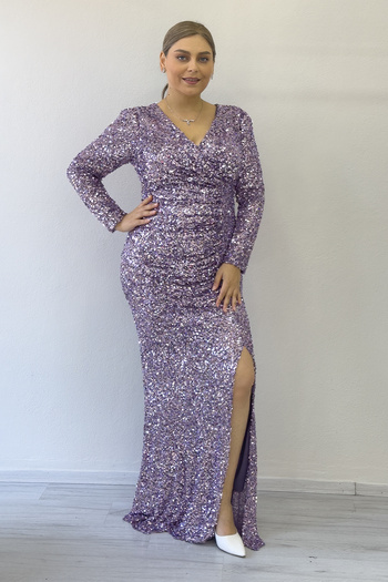 the ZKS Women's Long Sleeve Sequin Slit Plus Size Evening Dress Black, Brown, Lilac, Navy Blue, Silver