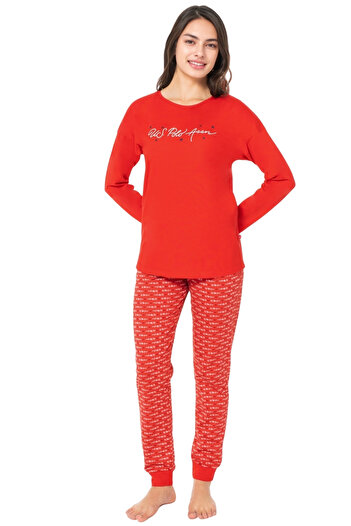 U.S. Polo Assn. Women's Red Long Sleeve Pajama Set – Printed Bottom Top Cotton Comfortable Set