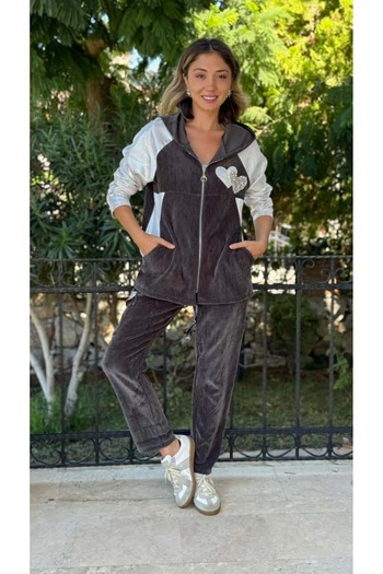 Punta Otantik Ls14525 Italian Heart Shiny Pattern Velvet Jacket Smoked