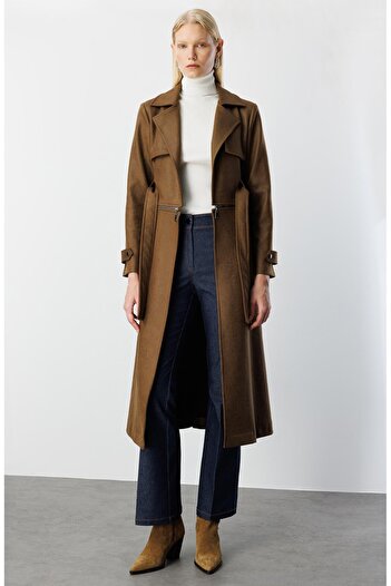 Moda İlgi Modailgi Mono Collar Belted Trench Coat with Epaulettes on the Sleeves and Double-Sided Zipper Detail on the Waist Khaki