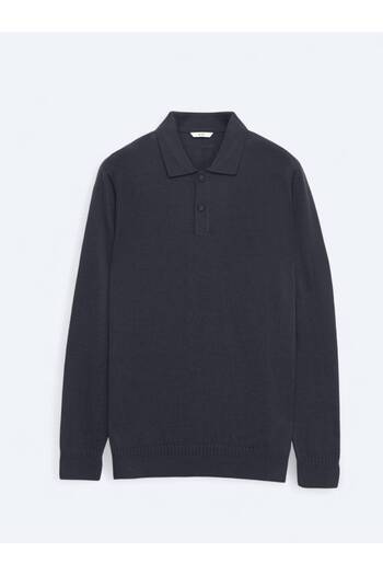 Kip Navy Blue Polo Neck Jacquard Wool Blend Knit Sweater
