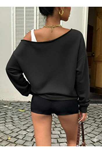 Keywest Women's Lip Print One Shoulder Boat Neck New Season Oversize Sweatshirt