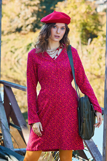 Los banditos Hakim Collar Button Detailed Tie-Up Fuchsia Flannel Dress